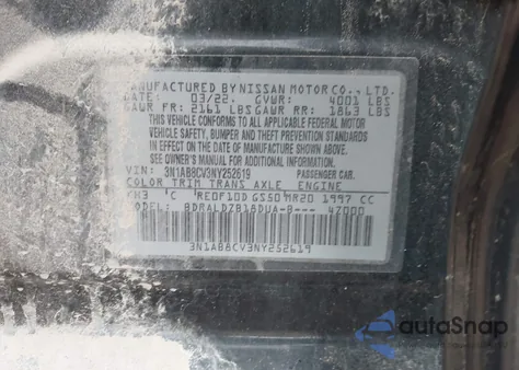 2022 Nissan Sentra Sv Xtronic Cvt from USA, damaged, VIN 3N1AB8CV3NY252619